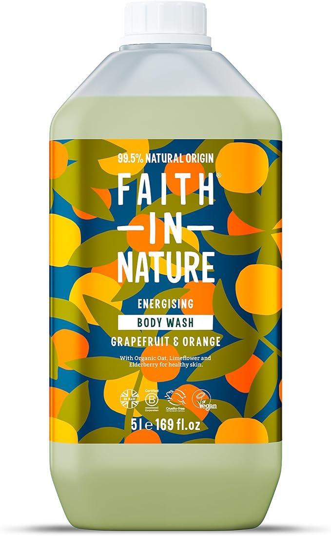 Faith In Nature Natural Grapefruit & Orange Body Wash, Energising Shower Gel, Vegan & Cruelty Free, No SLS or Parabens, 5L Refill Pack