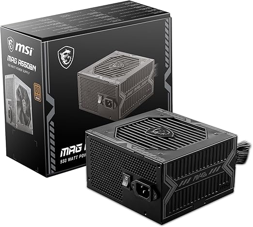 MSI MAG A550BN Power Supply, EU Plug - 550 W, 80 Plus Bronze Certified, ATX Power Supply, 12 V Single Rail, DC/DC Voltage Converter Design, 120 mm Fan