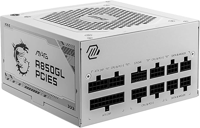 MSI MAG A850GL PCIE5 WHITE Netzteil, 850W, 80 Plus Gold, vollstandig modular, ATX 3.0, PCIe 5.0 GPU Unterstutzung, 120mm FDB Lufter, Full-Bridge LLC, Flat Black Kabel