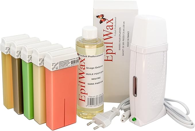 EpilWax Royal Depilatory Kit Complete with: Professional Wax Heater 5 Roll-On Wax 100 ml variegated, 100 Depilatory Strips, 1 Bottle of 250 ml After Wax Oil - (Royal Series variegated 5)