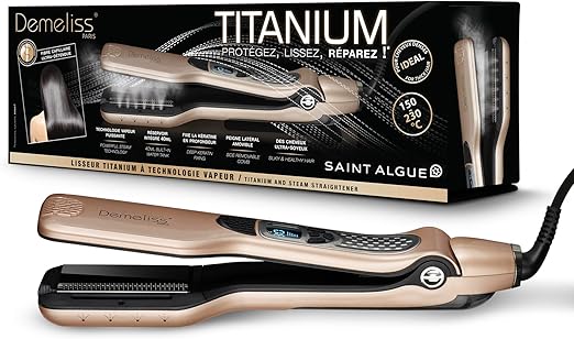 Demeliss SAINT ALGUE Demeliss Titanium - Professional Titanium Wide Straightener with Steam Technology, for All Hair Types, Temperature from 150 ° to 230 °, 40 ml Water Tank - Gold/Black