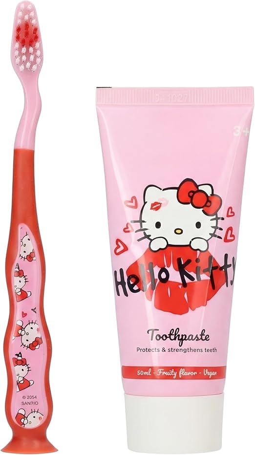 Hello Kitty Children's Toothbrush Set with Toothpaste, Soft Bristles with Suction Cup, for Girls and Boys from 3 Years, Travel Toothpaste Set, Fluoride, Pink, 50 ml