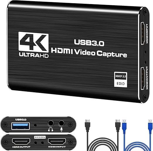 4K HDMI Video Capture Card, Audio Video Capture Card, USB3.0 1080P 60FPS Video Recorder for Streaming Gaming Broadcasting, Works with Xbox Series X/S, Xbox One X/S, PS5, Switch/Camera/PC/OBS