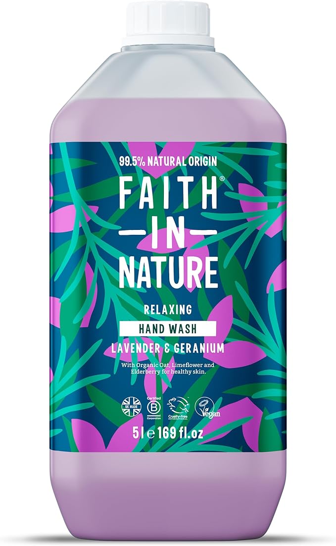 Faith In Nature Natural Lavender and Geranium Liquid Hand Wash, Relaxing, Vegan and Cruelty Free, No SLS or Parabens, 5 L Refill Pack