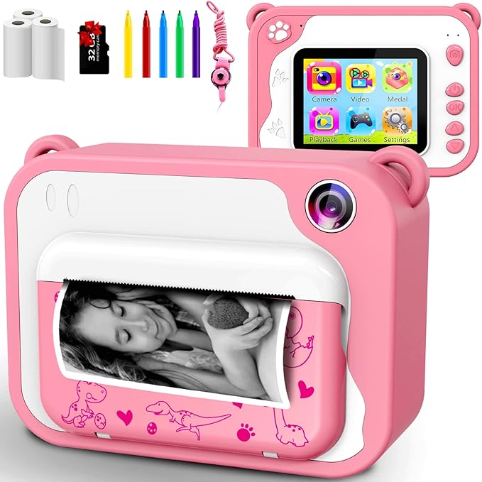 Kids Digital Camera, Instant Print Cameras for Girls, 2 Inch Screen, 1080P Print Camera with 32GB Memory Card, 3 Rolls Printing Paper, Mini Rechargeable Toy for Kids (Pink)