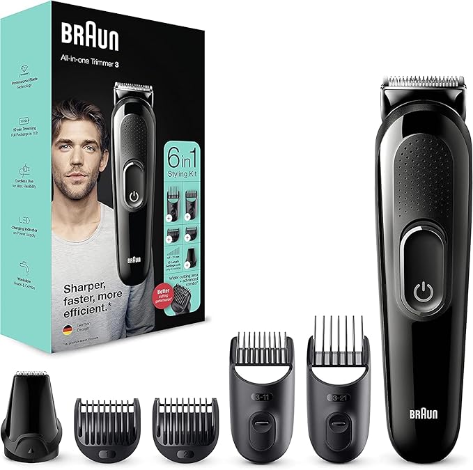 Braun 6 in 1 All-in-One Series 3 Men's Grooming Kit with Beard Trimmer, Hair Clipper and Precision Trimmer with Lifetime Sharp Blades, 5 Attachments, Gifts for Men, 2 Pin