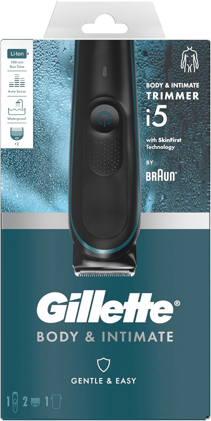 Gillette Body and Intimate Men’s Body and Intimate Trimmer i5, SkinFirst Pubic Hair Trimmer for Men, Waterproof, Cordless for Wet/Dry Use, Shaver for Men, Lifetime Sharp Blades