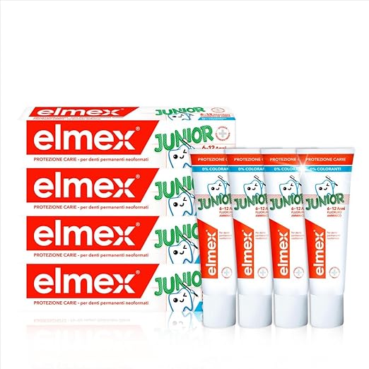 elmex Junior Toothpaste 6-12 Years 4 x 75 ml - Medical Teeth Cleaning with 1400 ppm Fluoride Content for Highly Effective Caries Protection - Strengthens New Permanent Teeth