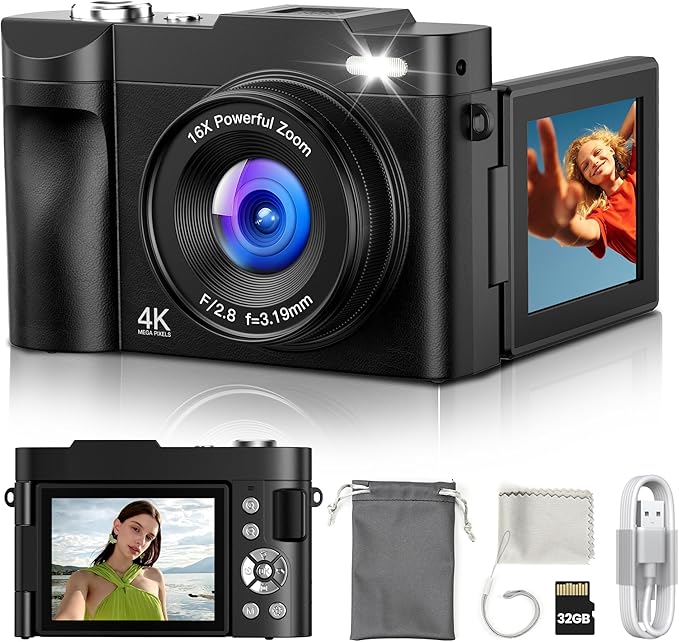 4K Digital Camera: 50MP Digital Cameras with 180° Flip Screen - Camera for Vlog with 32GB Card - for Teens Beginners Adults Children