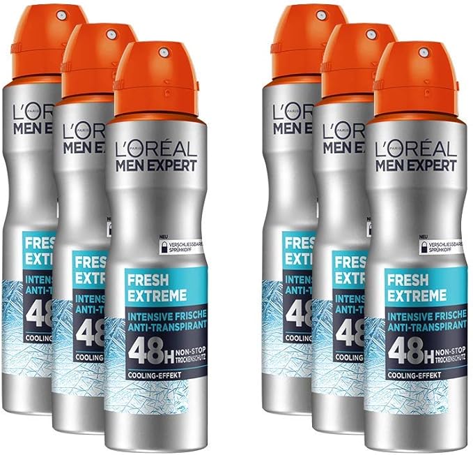 L'Oréal Men Expert Deodorant for Men, Effective Deodorant Spray with Integrated Cooling Effect for up to 48 Hours of Freshness, Fresh Extreme, 6 x 150 ml
