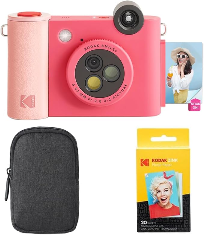 Kodak Smile+ 2-in-1 Digital Instant Camera & Bluetooth Photo Printer Starter Pack + Carry Case + Zinc 20 Sheets - Fuchsia