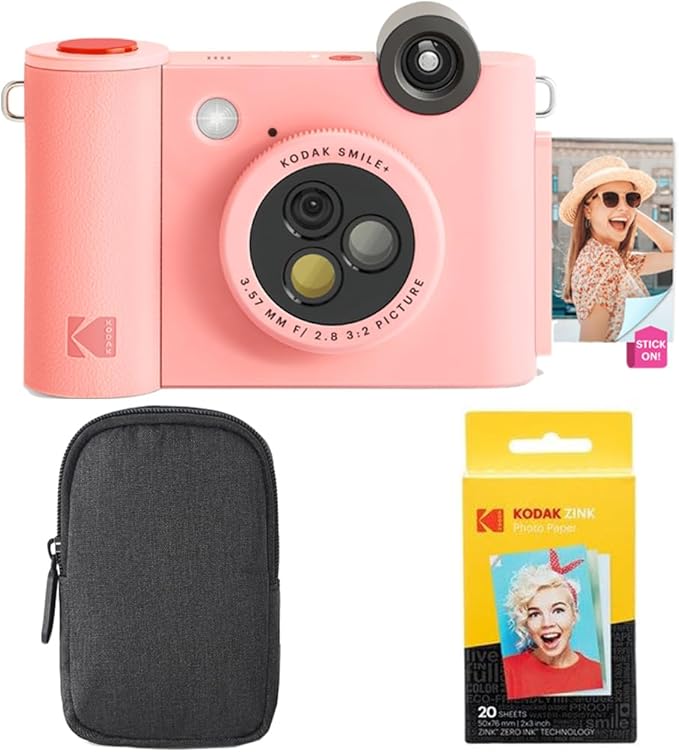 Kodak Smile+ 2-in-1 Digital Instant Camera & Bluetooth Photo Printer Starter Pack + Carry Case + Zinc 20 Sheets - Pink