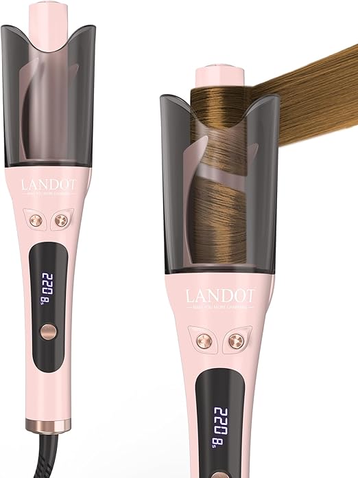 Automatic Rotating Curling Iron 1-inch - LANDOT 2-Way Anti-Tangle Self Ceramic Curling Wand, Dual Voltage, Fast Heating 8 Adjustable Tempes for All Hair Types, Anti-Scald for Salon Curls Waves at Home