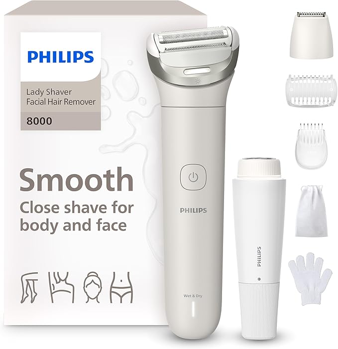 Philips Lady Shaver Series 8000 Cordless Electric Shaver, Wet and Dry 3 Blades, Flexible Shaver Head, LED Light, Face/Legs/Body/Bikini Area, 100 Minutes Runtime, Model BRL159/00