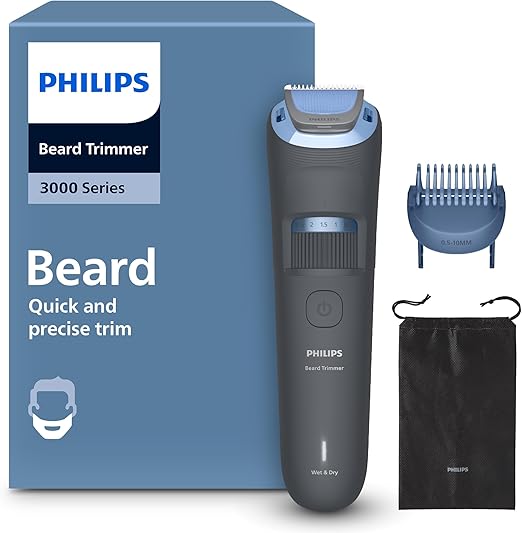 Philips Beard Trimmer 3000 Series - Self-Sharpening Blades with Rounded Tips, 20 Length Settings, Lift & Trim Comb, 100% Waterproof, Battery Indicator, USB Charger, Model BT3619/15