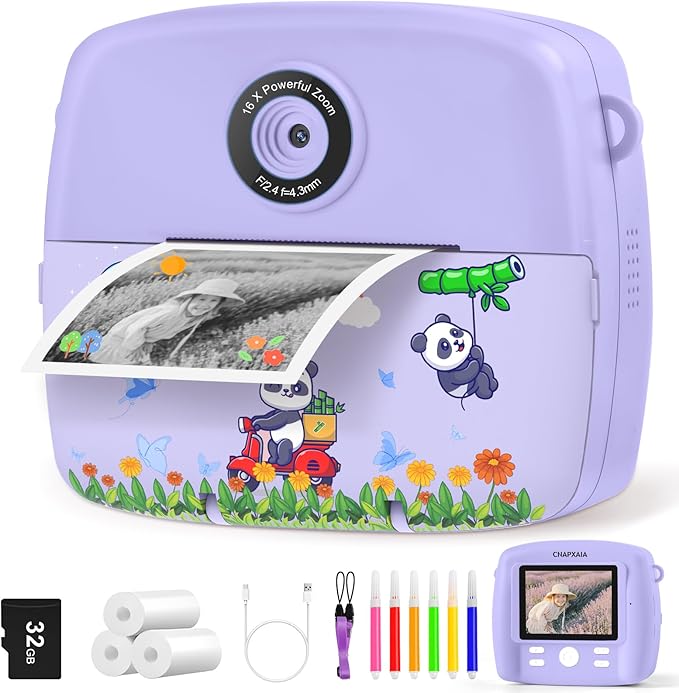 Children's Camera, Instant Camera, 2.4 Inch Digital Camera, Instant Print with 32GB Card and 3 Rolls of Printing Paper, 16x Digital Zoom, Gift for Girls and Boys from 3 to 12 Years (Purple)