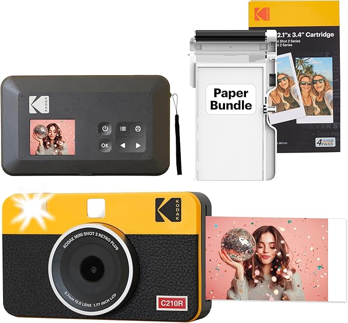KODAK Mini Shot 2 Retro 4PASS 2-in-1 Instant Camera and Photo Printer (5.4 x 8.6 cm) + Pack with 38 Sheets, Yellow
