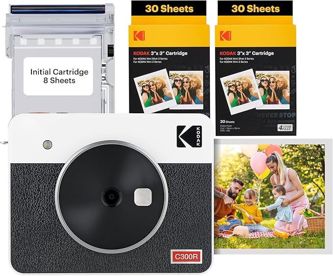 KODAK Mini Shot 3 Retro 4PASS 2-in-1 Instant Camera and Photo Printer (7.5x7.5cm) + Pack of 68 Sheets, White