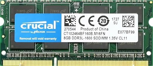 Crucial CT25664BF160B Memory (DDR3L, 1600 MT/s, PC3L-12800, SODIMM, 204 Pin) 8gb