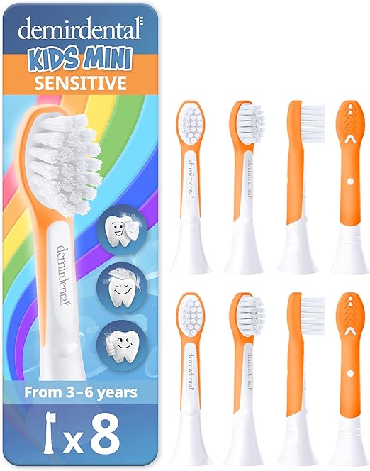 demirdental Brush Head for Philips Sonicare Kids Brush Head, Compact Mini for Small Milk Teeth, Children 3-6 Years, Replaces HX6038 HX6034, Orange, Pack of 8