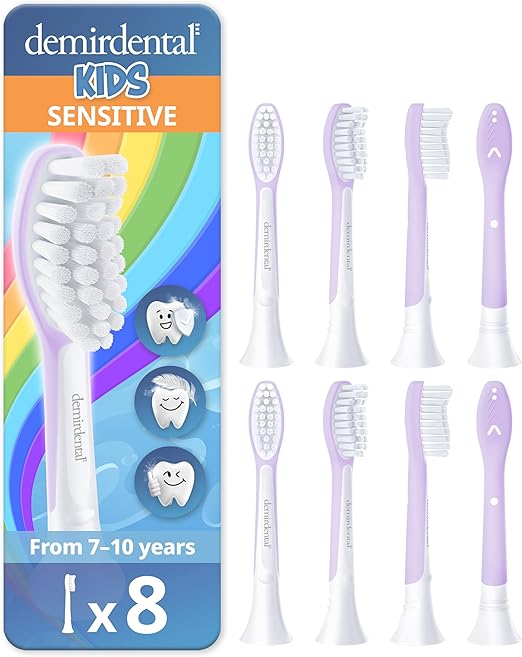 demirdental Brush Head for Philips Sonicare Kids Brush Head, for First Permanent Teeth, Children 7-10 Years, Replaces HX6048 HX6044, Lila, Pack of 8