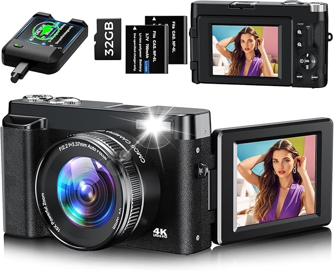 Digital Camera 4K, 48MP 16X Auto Focus Digital Zoom Camera, 3 Inch 180° Foldable LCD Screen, HD Compact Vlog Camera with Charging Station, 2 x 800 mAh Batteries, 32GB Card, Suitable for Beginners