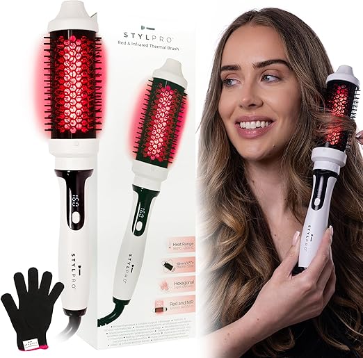 STYLPRO Thermal Brush with Red and Near Infrared LEDs - 58 NIR + 84 Red LEDs, Ceramic Cylinder, Adjustable Heat, Lightweight Blowout and Curling Brush for All Hair Types