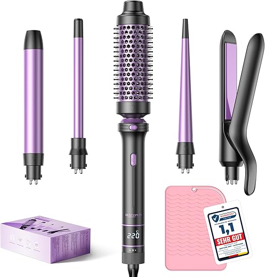 BESTOPE PRO 5 in 1 Hair Curling Wand, Hair Curler Set with Thermal Brush and Hair Straightener, 13 Temperature Control for All Hair Lengths, with Heat Resistant Mat, Glove, Clip, Black