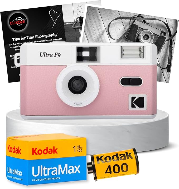 Reusable Film Camera Bundle Includes a Baby Pink Kodak Ultra F9 Film Camera, Kodak Ultramax 35 mm Film 36 Exposures and Clikoze Camera Film Photography Tips Card