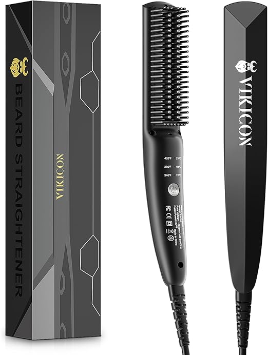 VIKICON Beard Straightener, 30s Fast Heated Beard Brush, Mini Heating Straightening Comb for Men, Ionic/Light/Fast/Anti-scald Hot Hair Brush for Styling Long and Short Beard