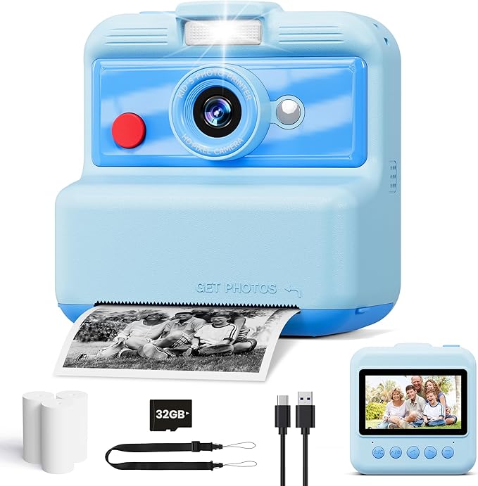 CAMCLID Instant Camera Children, 3.0 Inch Screen, Children's Camera, Instant Camera 48MP/2.5K UHD Children's Camera Instant Print with 32GB Card, Toy Gift for Boys and Girls 3-12 Years