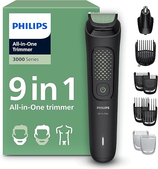 Philips Multigroom 3000 Series All-in-One 9 Piece Trimmer: Face Head and Body Razor and Hair Trimmer, Self-Sharpening Skin-Friendly Blades, Twelve Length Settings, MG3946/15
