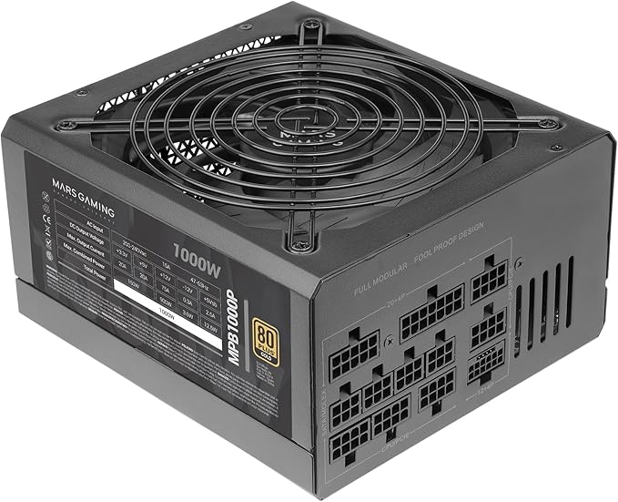 MARSGAMING MPB1000P, Modular ATX 3.0 Power Supply 1000W, 10 Years Warranty, 80Plus Gold, 140mm AI-RPM Fan, Japanese Capacitors, PCIe 5.0 and APFC Support, DC-DC and SMD Technology, Black