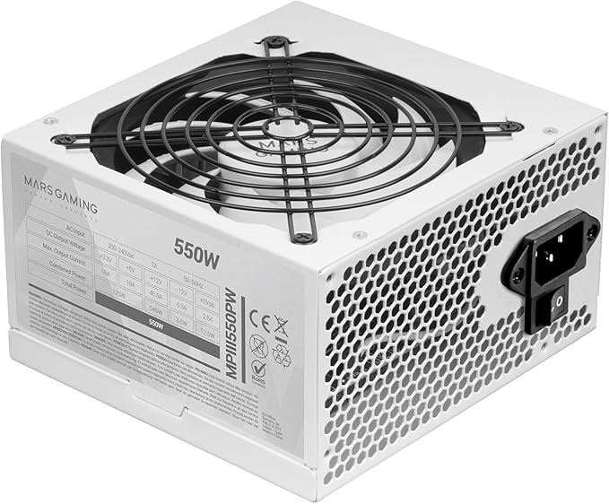 MARSGAMING MPIII550P, PC ATX Power Supply 550W, 5-Year Warranty, 85% Efficiency, Digital APFC System, 120mm FDB AI-RPM Fan, DC-DC and SMD Technologies, Extra-Long Flat Cables, White