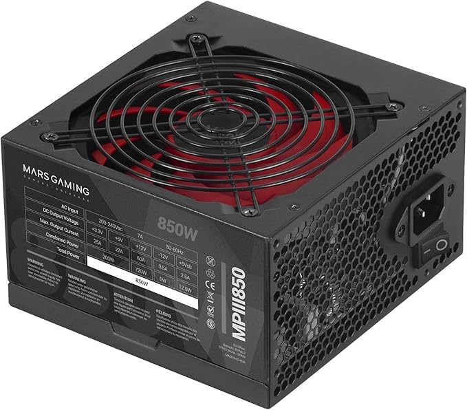 Mars Gaming MPIII850, PC ATX 850W Power Supply, 5 Years Warranty, Silent AI-RPM Technology, 85% Efficiency, Black