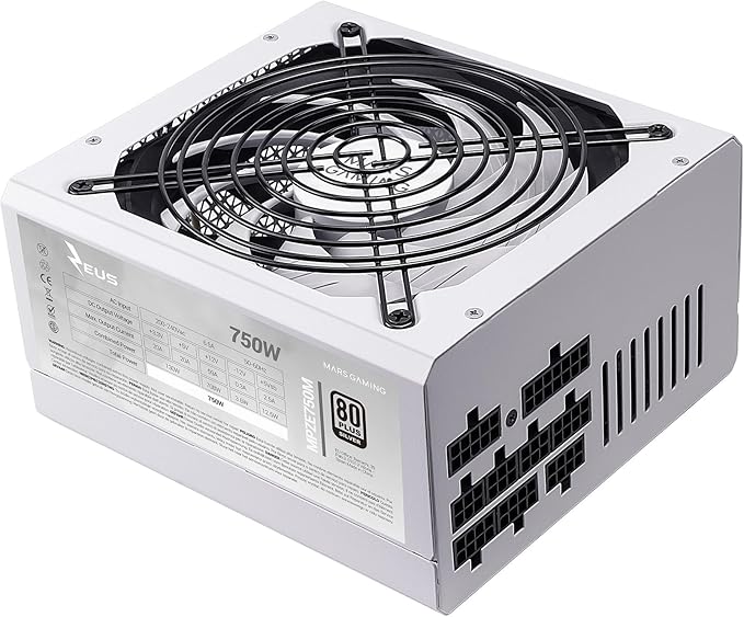Mars Gaming MPZE750M, Full Modular 750W ATX Power Supply, 10 Years Warranty, 80Plus Silver +87% Efficiency, 140mm FDB Fan with AI-RPM Technology, 105º Japanese Capacitors, White