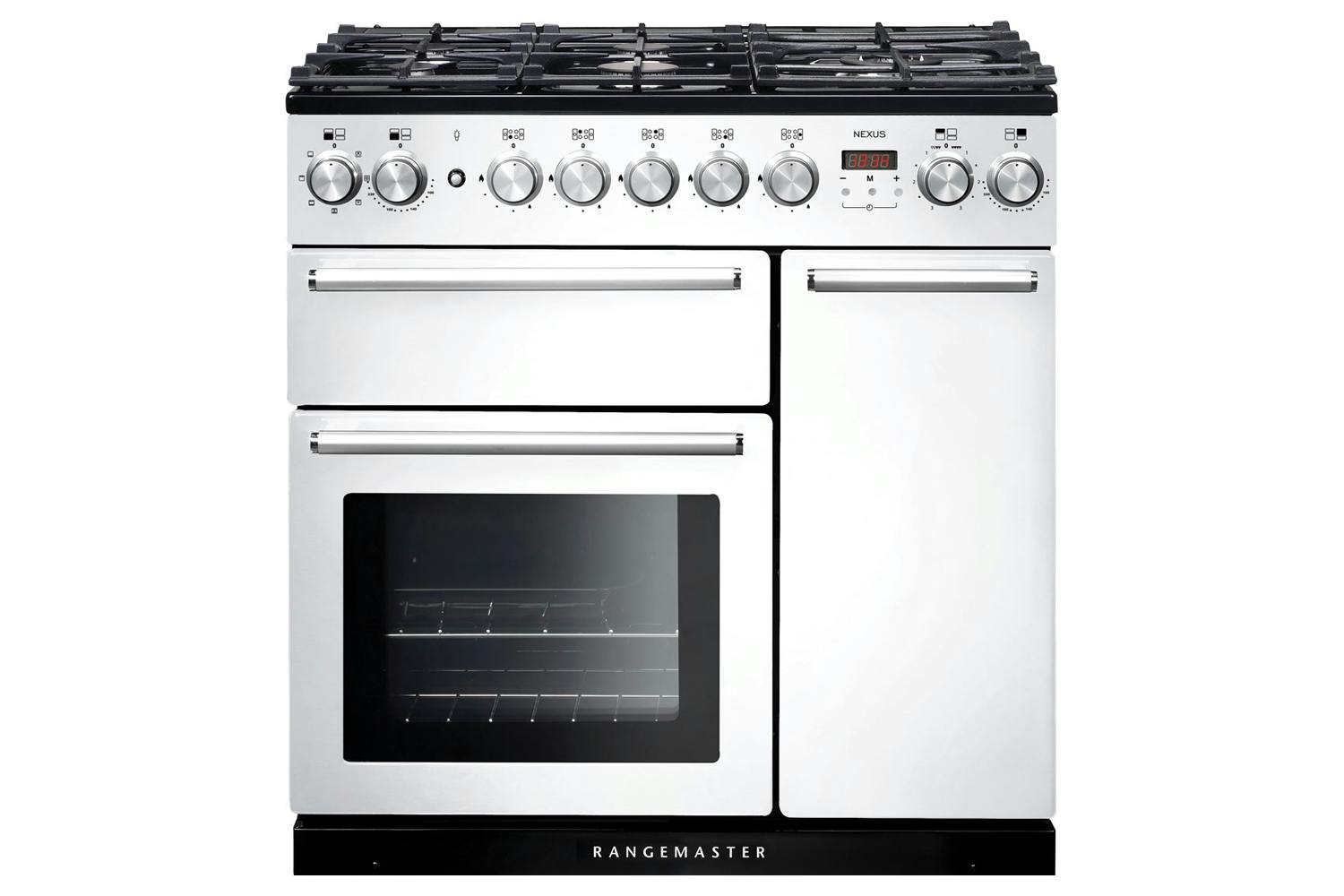Rangemaster NEX90DFFWH/C, Nexus Dual Fuel 90cm Range Cooker,White with Chrome Trim | Soundstore