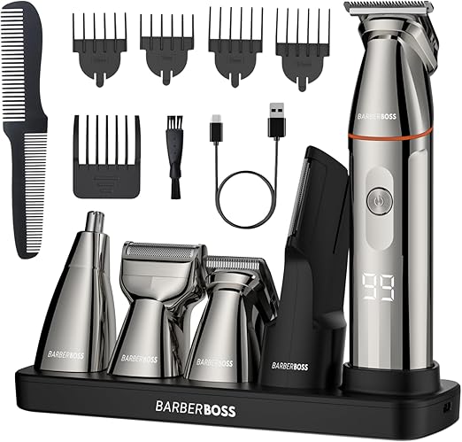 BarberBoss Beard Trimmer Men & Hair Clippers Men – 5-in-1 Cordless Grooming Kit with Nose Trimmer, Waterproof Shaver, Rechargeable, LED Display – Gift for Men, QR-6010
