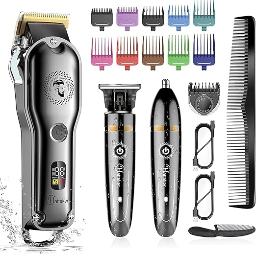 Hatteker Cordless Hair Clipper Barber Clipper T-Blade Beard & Nose Trimmer Grooming Kit - Professional IPX7 Waterproof