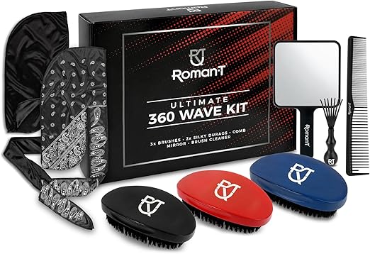 Roman-T 8-in-1 360 Wave Brush Kit - Grooming Kit for 360 Waves - 3 Wave Brushes, Soft, Medium & Hard - 2 Silky Satin Durag - Black & Black Paisley, Hand Mirror, Comb, Hair Brush Cleaner - Gift Set
