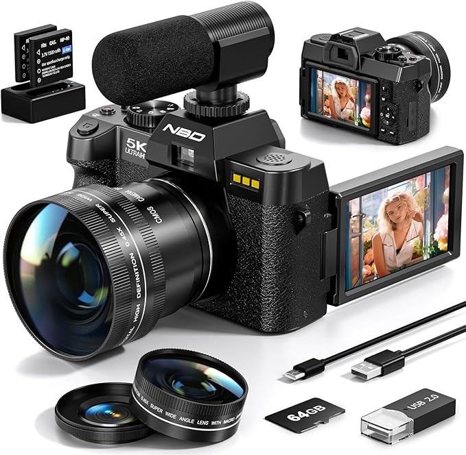 5K&64MP Digital Camera for Photography & Video, 16X Zoom, WiFi, 180° Flip Screen, Autofocus, Anti-Shake, Wide-Angle & Macro Lens, Built-In Fill Light, PU Leather Case, 64GB Card (Black)