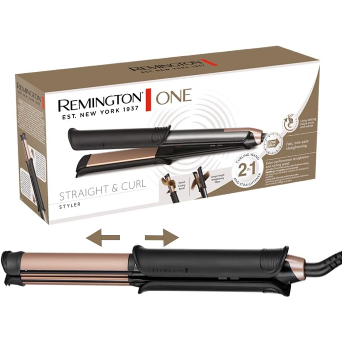Remington ONE Straight & Curl Styler - Hair Straightener & Curling Wand in One Easy Styling Tool, FlexiCovers switch between straight/curl mode, Heats up in 20seconds, 5 settings 150-230°C, S6077