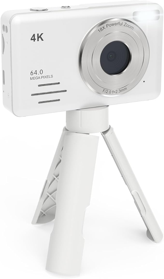 4K 64MP, 2.88" LCD Compact Kids Digital Camera, 18X Digital Zoom Photography Camera with Bracket, Rechargeable Portable All In One Digital Camera for Kids/Teens/Beginner, White