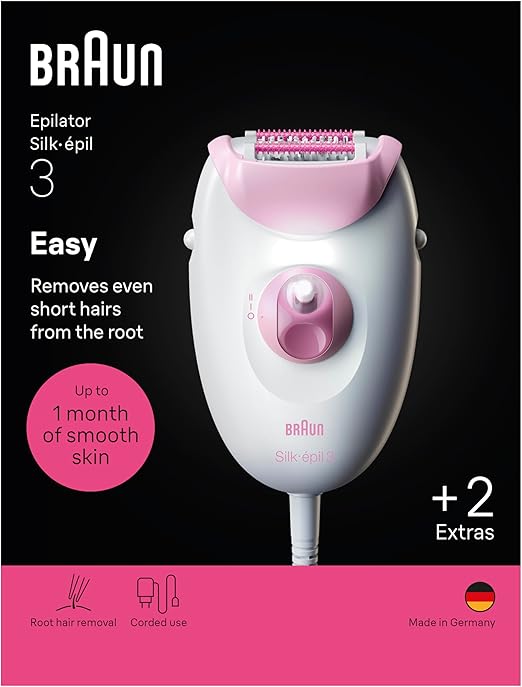 Braun Silk·épil 3, Corded Epilator, Easy Hair Removal, Lasting Smooth Skin, Includes Shaver Head and Trimmer Comb, 3-031, Pink