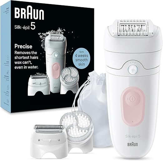 Braun Silk-épil 5, Epilator for Easy Hair Removal, Wet & Dry, Lasting Smooth Skin, with Lady Shaver, Trimmer Comb & Exfoliation Brush Heads, 5-060, White/Flamingo