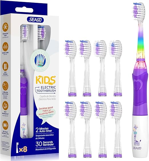 Seago Kids Electric Toothbrush, Childrens Electric Toothbrush, Toddler Electric Toothbrush with 8 Brush Heads, Rainbow LED Light for Junior Boys and Girls Ages 3+, SG-977(Purple)