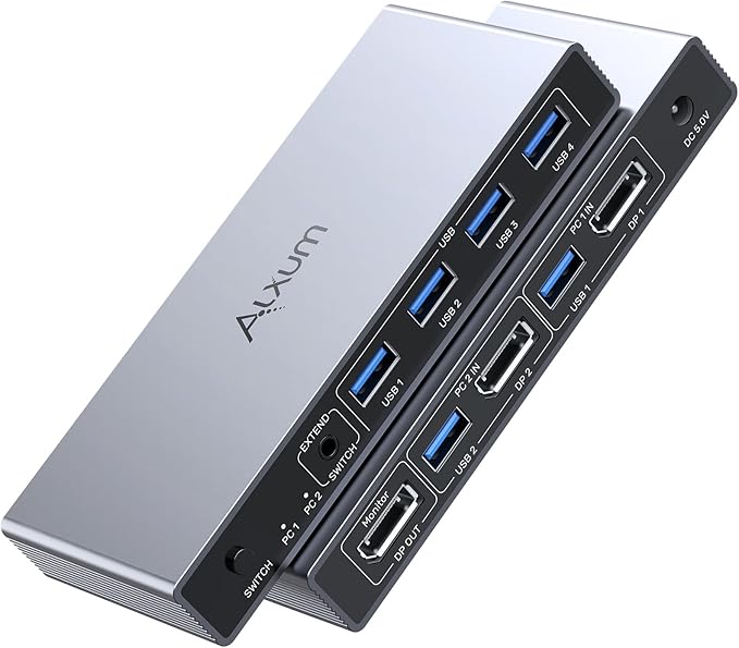 Alxum 8K@60Hz DisplayPort KVM Switch, DP KVM Switch for 2 PCs and 1 Monitor, 4 Port USB Switch for Keyboard, Mouse, Microphone, Hard Drive, Printer and Headphones, 2 USB B Cables, DC 5V Power Supply