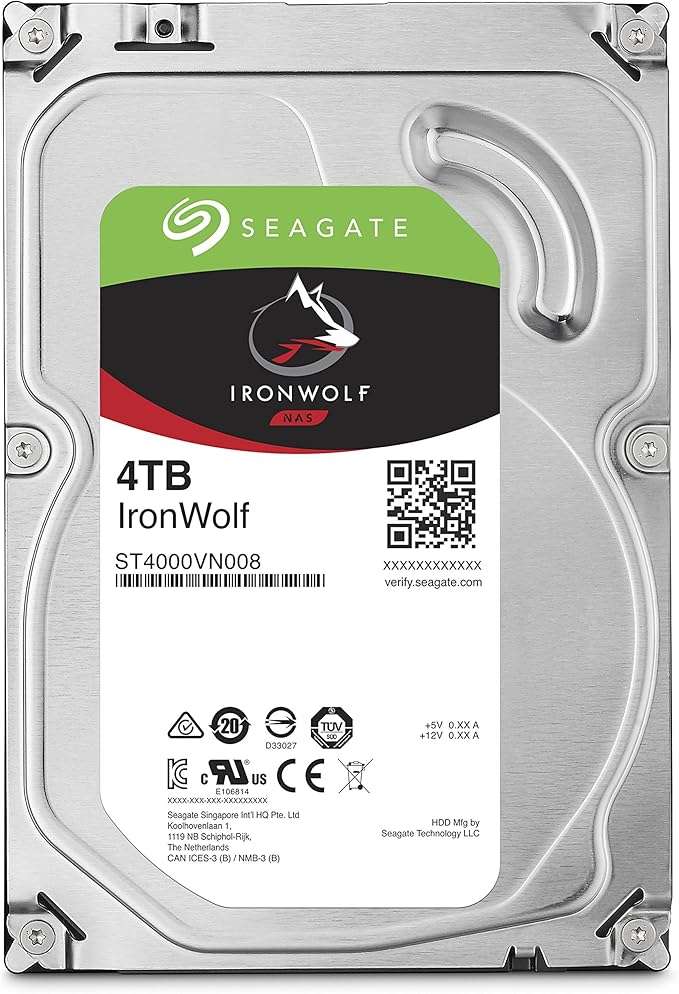 Seagate IronWolf, 4 TB, NAS, Internal Hard Drive, CMR 3.5 Inch, SATA, 6GB/s, 5,900 RPM, 64MB Cache, for RAID Network Attached Storage, 3 year Rescue Services (ST4000VN008)