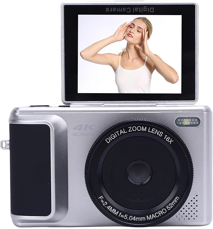 4K Digital Camera for Photography, 64MP HD Autofocus & 16X Digital Zoom & AI Stabilization, Retro Mirrorless Video Camera with Flip Screen for Travel Video (Silver)