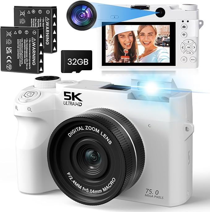 5K 75MP Digital Camera, Vlogging Camera｜Dual Camera, Selfie Beauty, 18x Zoom, Auto Focus｜WiFi Transfer, 3-inch Compact Screen｜Includes 32GB Card, Ideal for Beginners, Teens, YouTube, White
